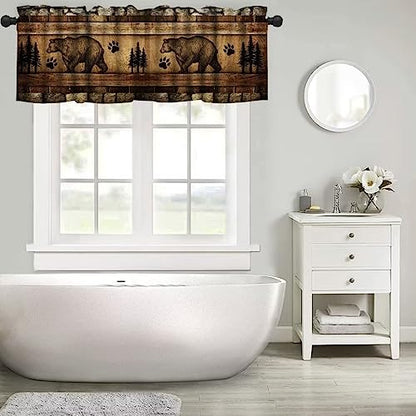 Retro Bear Curtain Valances,Rustic Woodland Wild Animal Rod Pocket Window Valance,Farmhouse Stone Wall Wooden Board Print Blackout Short Topper Curtain for Living Room Kitchen,54x18in - color: Bear-2