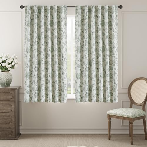 jinchan Green Floral Blackout Curtains 63 Inch Vintage Back Tab 2 Panels - color: *Green, size: 52"W x 63"L (Pack of 2)