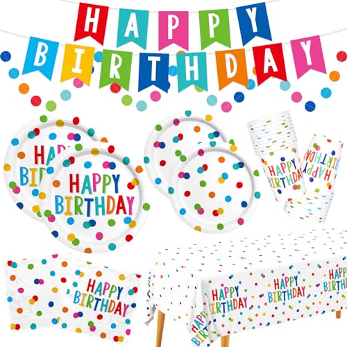 Happy Birthday Decorations: Happy Birthday Party Supplies Set with Birthday Dots Design- Includes Disposable Paper Birthday Plates and Napkins, Cups, Tablecloth, and Banner for decorations, Serves 25. - color: Multicolor