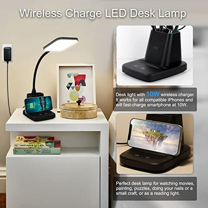 LED Desk Lamp with 10W Wireless Charging & Pen Holder, Black - color: Black