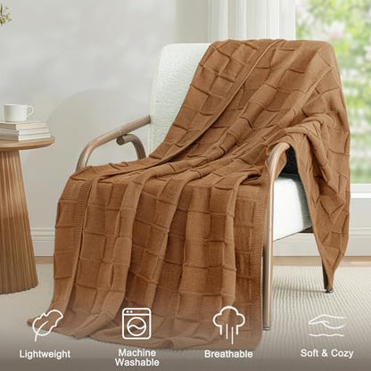 Whale Flotilla Checkered Knit Throw Blanket for Couch, Brown - color: Brown, size: 50x60 Inch