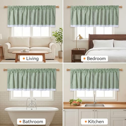 Farmhouse Valance Curtains, Cotton Kitchen Valance Rustic Style Window Valance Half Curtain for Living Room Bathroom Cafe, Rod Pocket, Green White Gingham Plaid, 59 X 20 Inch - color: Green White Gingham Plaid, size: 59"W x 20"L (Pack of 1)