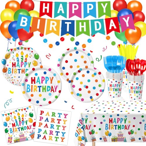 Happy Birthday Decorations - Colorful Dots Birthday Party Supplies Includes Plates, Napkins, Cups, Cutlery, Banner, Hanging Swirl, Tablecloth, Balloons for Birthday Decorations, Serves 24