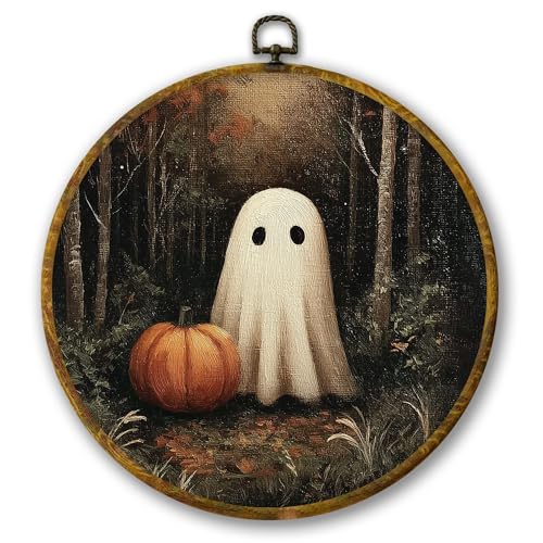 Mcehtle Vintage Halloween Dark Forest With Ghosts Wall Art Decor, Rustic Farmhouse Cottagecore Framed Canvas Prints 10x10, Dark Academia Round Wall Hanging Artwork Decorations for Bedroom Gallery - color: Colour 16
