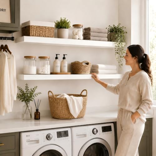 Floating Shelves Set of 2, 48 Inch Long 8" Deep, Heavy Duty Wood Wall Mounted Shelves for Bathroom Living Room Kitchen, Book Shelves with Thickened Hidden Bracket - White - color: White, size: 48'' x 8''x 2''(set of 2）