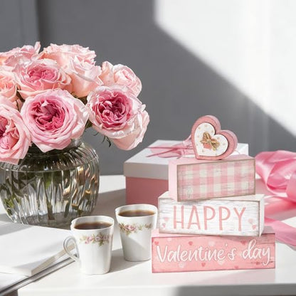 Britimes Tiered Tray Decor Set, 4 Pack, Wooden Table Sign, Pink Valentine - style: Pink Happy Valentine