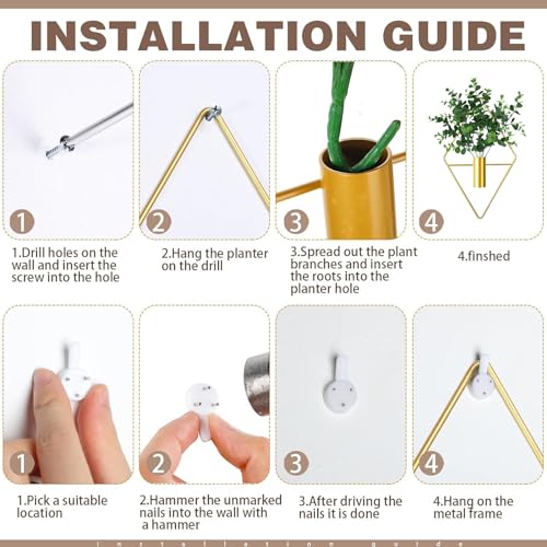 2 Pieces Diamond Shape Hanging Planters with Artificial Eucalyptus Plants Metal Vase Indoor Holder Modern Geometric Wall Decor for Home Living Room (Gold)