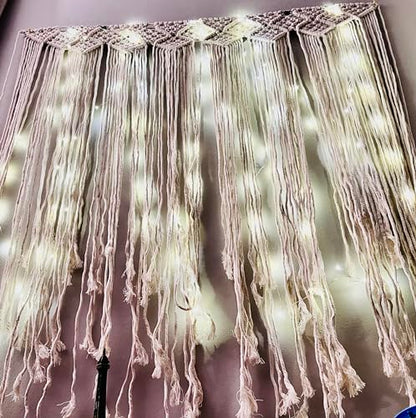 Macrame Wall Hanging Curtain Bohemian Style Room Décor, Special Events Wall Hanging Woven Tapestry Wall Art Boho Curtains with LED Fairy Lights (Tapestry + USB Strip Lights)