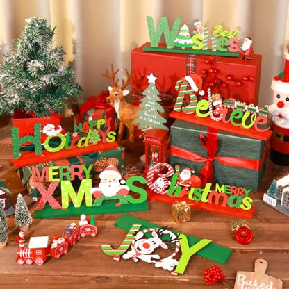 Hommtina 6 Pcs Table Decorations, Merry Tabletop Wooden Sign Indoor Decorations for Dinner Party Coffee Table - style: Christmas decoration