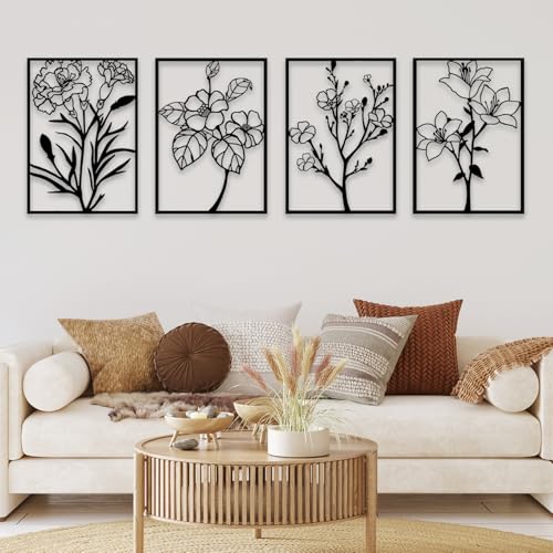 Metal Flower Wall Decor Art Living Room, Black Floral Wall Art Home Decor - size: M 11 x 15.7