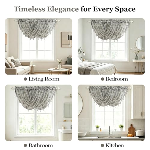 NAPEARL Swag Valance for Windows Light Gray Floral Scroll Sheer Waterfall Curtain, Elegant Beaded Tassel Trim Rod Pocket Sheer Window Treatment for Bathroom, Kitchen, Bedroom, Living Room - color: Grey, size: 40"W x 17"L (Pack of 1)