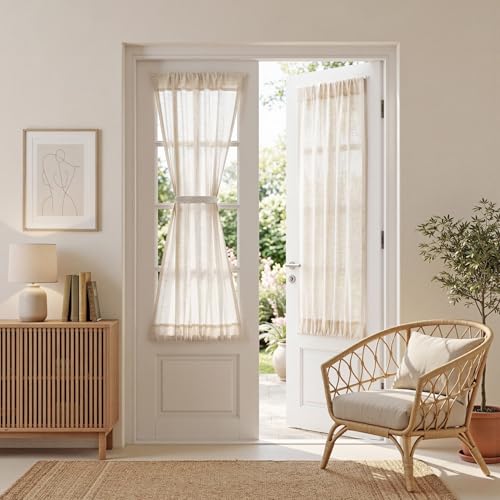 MYSKY HOME Linen French Door Curtains for Door Window 40 Inch Length 2 Panels Short Semi Sheer Light Filtering Curtain for Glass Small Window Drapes Rod Pocket for Bedroom Bathroom, Linen, 26" Wide - color: Linen, size: 26"W x 40"L (Pack of 2)