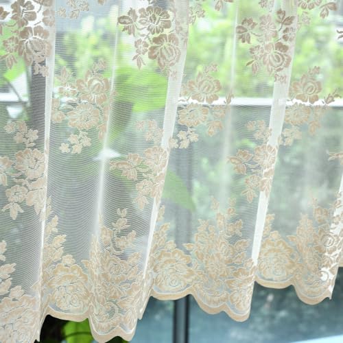 Kotile Beige Lace Valance Curtain for Kitchen Window W52 x L18 Inch 1 Panel - color: Beige