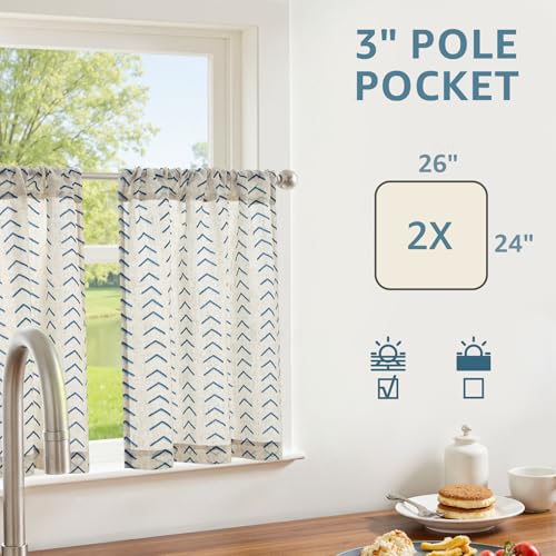 jinchan Blue Boho Linen Kitchen Tier Curtains 24 Inches Rod Pocket 2 Panels - color: Arrow | Blue on Linen, size: 26"W x 24"L (Pack of 2)