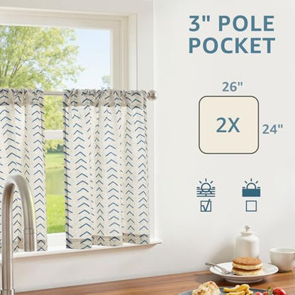 jinchan Blue Boho Linen Kitchen Tier Curtains 24 Inches Rod Pocket 2 Panels - color: Arrow | Blue on Linen, size: 26"W x 24"L (Pack of 2)