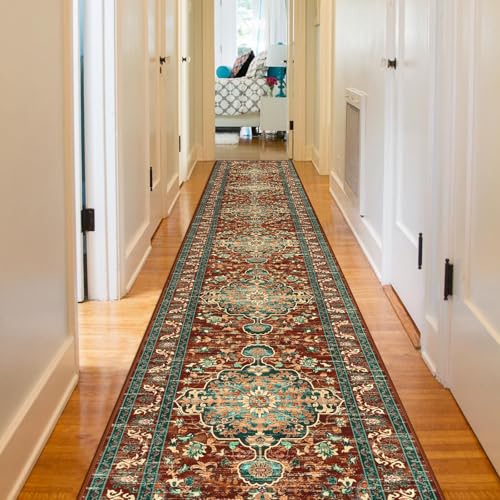 U'Artlines 2' x 14' Boho Hallway Runner Rug, Washable Carpet, Rust＆Teal - color: Rust＆teal, size: 2' x 14' (Runner)