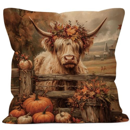 Rustic Fall Western Highland Cow Pumpkin Throw Pillow Covers 18x18 - color: Highland Cow-09