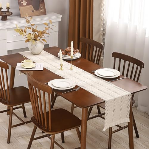 120 Boho Table Runner with Fringe Beige Stripe Fall Decor - color: Beige Stripes
