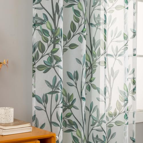 Green Leaves Sheer Curtains for Living Room 63 Inch Length 2 Panels - color: Leaf | Green, size: 50"W x 63"L (Pack of 2)
