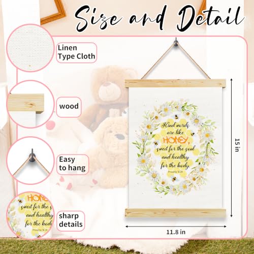 Bee Decorations Wall Art, Kind Words Are Like Honey Canvas Sign, Bible Verse Scripture Decorations, Living Room Office Nursery Spiritual Decor, Healing Quote Wall Hanging, Christian Gift for Women - color: yellow