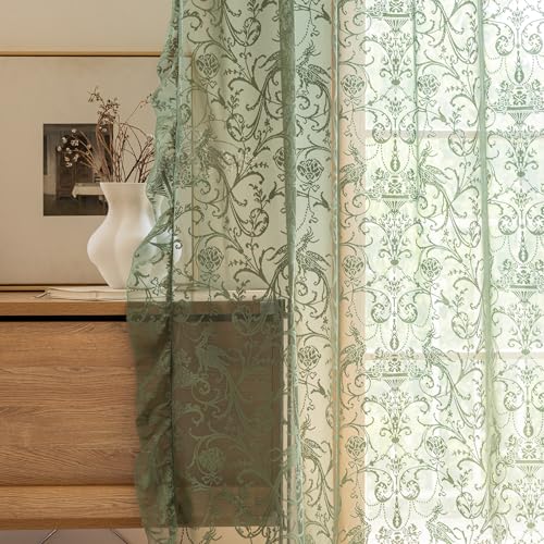 TUDECO Olive Green Lace Curtains 63 Inch Length, Sheer Ruffle 2 Panels - color: Olive Green, size: 59"W x 63"L (Pack of 2)