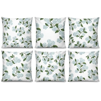 COMMINY Blue Dhalia Linen Pillow Covers 18x18 Set 6 Farmhouse Throw Cover - color: Green Flower, size: 18" x 18" (Pack of 6)