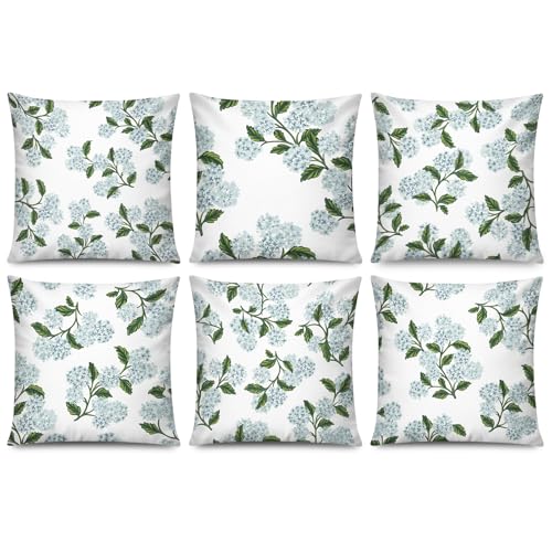 COMMINY Blue Dhalia Linen Pillow Covers 18x18 Set 6 Farmhouse Throw Cover - color: Green Flower, size: 18" x 18" (Pack of 6)