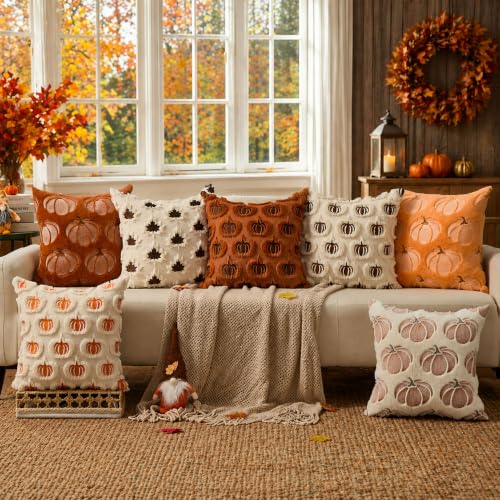 DFXSZ Fall Pillow Covers 18x18 Set of 2 Brown Pumpkins Embroidery Beige - color: Beige Brown Pumpkin, size: 18" x 18" (Pack of 2)