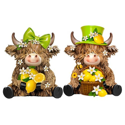 2 Pcs Resin Highland Cow Figurines Decor, Lemon Style - style: Lemon
