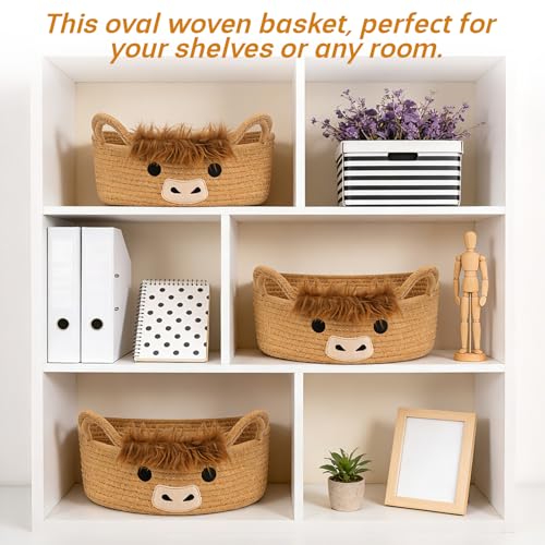 3 Pcs Oval Highland Cute Cow Basket for Nursery,Woven Rope Gift Basket - color: Brown, size: 3 PCS
