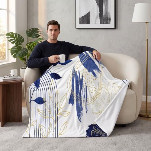 Blue Leaf Throw Blanket, Navy Blue and Gold, 50x60 in - color: Blue, size: 50"Wx60"L