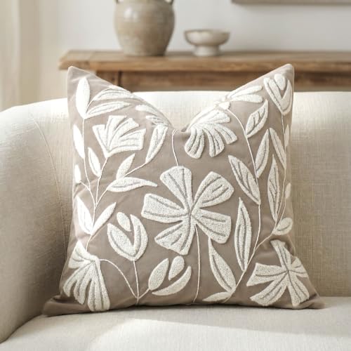 BlissBlush Decorative Throw Pillow Cover 20x20, Light Taupe Velvet Accent Cushion Cover for Couch Sofa Living Room, Floral Tufted Square Pillowcase (Cover Only) - color: Light Taupe, size: 20" x 20" (Pack of 1)
