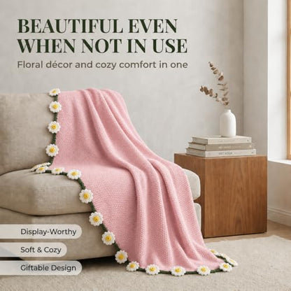 Daisy Crochet Flower Bouquet Blanket, Handmade Knitted Throw Blanket - color: Pink Daisy, size: Medium