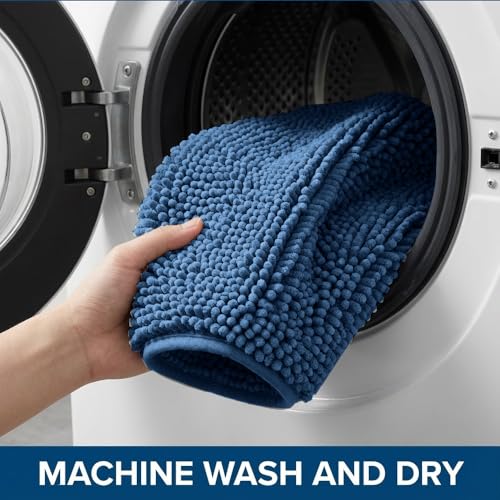 Bathroom Rugs Sets 2 Piece,Super Absorbent Chenille Bath Mats and U-Shaped Toilet Rug,Strong PVC Non Slip Backing,Microfiber Washable Dry Quickly Bath Mats for Bathroom(20"x32"+20"x20"U, Medium Blue) - color: Medium Blue
