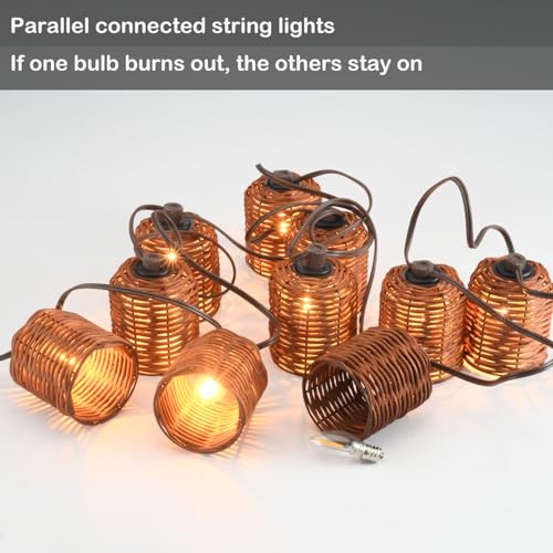 Rustic Lantern String Light, Natural Handwoven Rattan Cage, Plug in & Connectable Lights- Oven Brown Wicker - color: Oven Brown Rattam