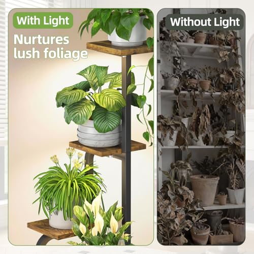 iDavosic.ly Tall Plant Stand Indoor with Grow Lights & Wooden Trays, Brown - color: Brown with Light