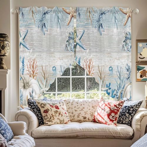 Fall Coastal Swag Valances Kitchen Curtains 36 Inches Length,Thanksgiving White Pumpkin Tier Drapes Swag Topper,Blue Ocean Starfish Coral Short Window Treatments for Small Window Cafe 2 Panels 28"x36" - color: Blue Gray, size: 28"W x 36"L (Pack of 2)