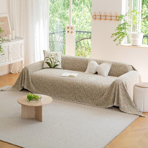 STACYPIK Thick Jacquard Couch Cover for Dogs Bohemian Chenille Woven Sofa Cover for 3 Cushion Couch Farmhouse Aesthetics Beige Couch Slipcover Blanket for Sectional Tassel Furniture Protector-71X134IN - color: B5 # Jacquard Chenille-beige, size: X-Large S