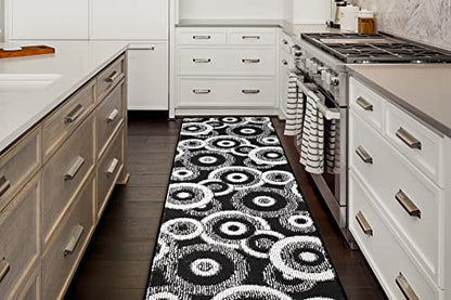 31 Inch x 7 Feet Non-Slip Geometric Runner Rug | Extra Wide Custom Cut Hallway Carpet | Built-in Rubber Backing | No Rug Pad Needed | Instant Traction for Dogs & Pets | Flat Lay, No Creases | Black - color: Geo / Black, size: 31 inch Width X 7 Feet Length