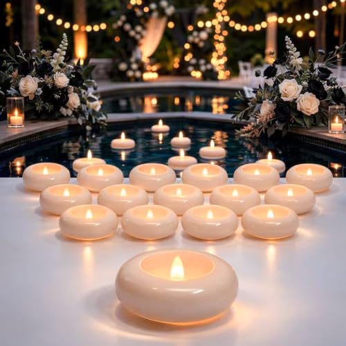 Aignis 24 Pack Waterproof Flameless Floating Candles, 200-Hour Battery Operated 2.2" LED Tea Lights, Water-Activated Flickering Warm White Glow for Pool, Wedding Centerpieces, Bath & Spa - size: D 2.2'' x W 2.2'' x H 1''