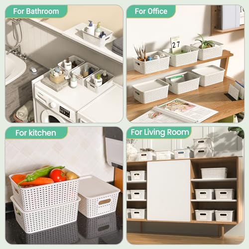 Ohmlove 8 Pack Plastic Storage Baskets with Lids for Organization - color: White