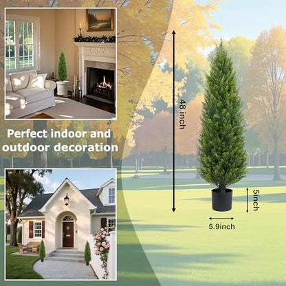 Two 4ft Artificial Topiary Tree Fake Bushes Potted Plants UV Resistant Faux Cedar Trees Artificial Outdoor Shrubs for Front Porch Garden