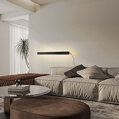 KELUOLY Modern Plug in Long Wall Sconce, 39" Black Matte LED Wall Lights, 20W Warm White 3000K Acrylic Indoor Wall lamp, with 59" Plug Cable for Bedroom, Living Room, Hallway - color: Black, size: 39.3 inches