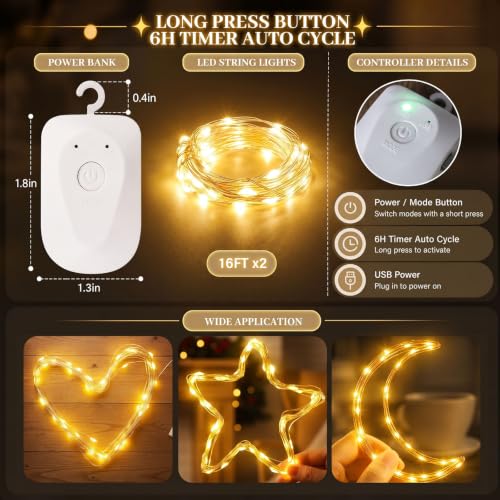 DomeStar 2 Pack Fairy Lights Battery Operate, 32 FT Rechargeable Lights - color: Warm White