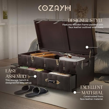 COZAYH Storage Bench, Mid-Century Faux Leather Ottoman, Bedroom, Dark Brown - color: Black Brown