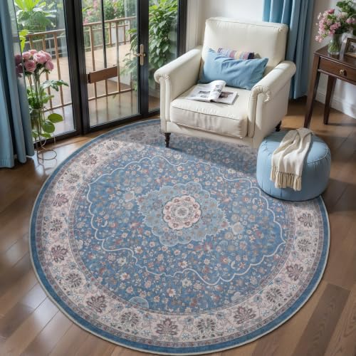 Tangsoo 4ft Round Area Rug for Bedroom,Blue Washable Non-Slip Circle Rug - color: Blue Beige Multi, size: 4x4ft