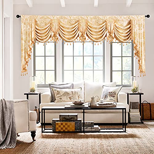 ELKCA European Style Golden Jacquard Swag Waterfall Valance for Living Room Bedroom Curtains Damask Curtain Valance for Kitchen (Damask-Golden, W118Inch, 1 Panel) - color: Valance,damask-golden, size: 118"W x 43"L (Pack of 1)