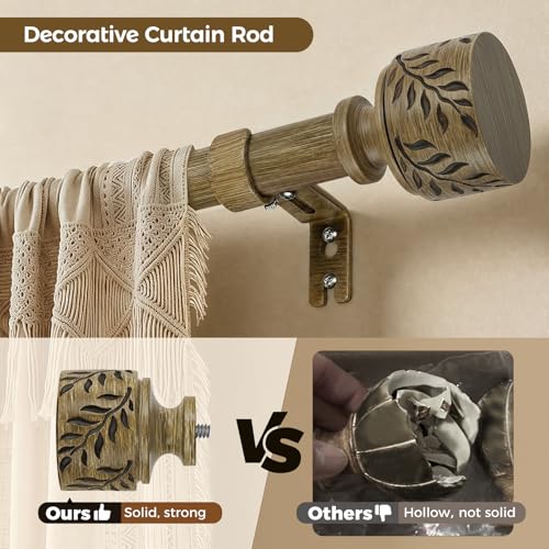 Boho Wood Curtain Rods for Windows 32 to 90 Inch, 1" Adjustable Heavy Duty Window Curtain Rod with Imitation Wooden Grain Leaf Finials, Farmhouse Drapery Rods, Size 32"-90", Dark Weathered Wood - color: Dark Weathered Wood, size: 32" to 90"