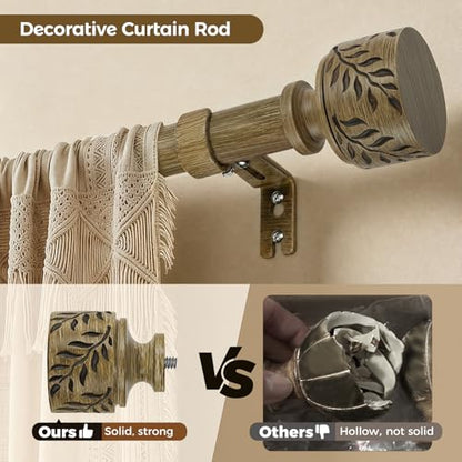 Boho Wood Curtain Rods for Windows 32 to 150 Inch, 1" Adjustable Heavy Duty Window Curtain Rod with Imitation Wooden Grain Leaf Finials, Farmhouse Drapery Rods, Size 32"-150", Dark Weathered Wood - color: Dark Weathered Wood, size: 32" to 150"