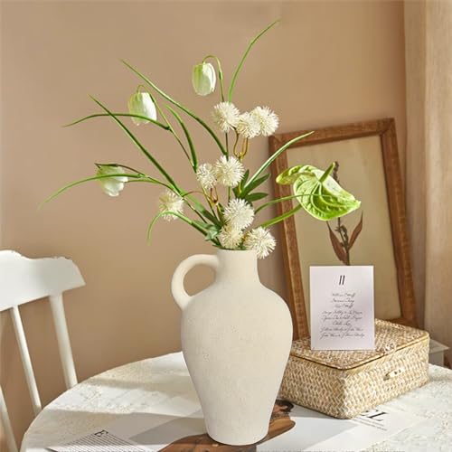Rustic White Ceramic Vase for Home Decor, Antique Farmhouse Clay Jug Pitcher Vases for Aesthetic Textured Large Vintage Pottery with Handle for Centerpiece… - size: 10''A